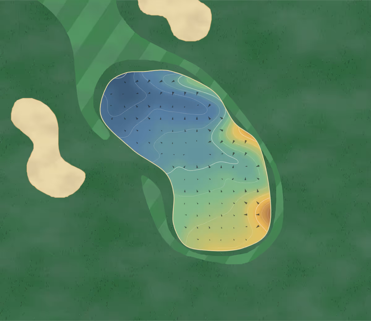Green contour map of Main Course in Telford, England: 8 elevation contours at a 8-centimeter interval with fall-line arrows, traced from 1-meter lidar