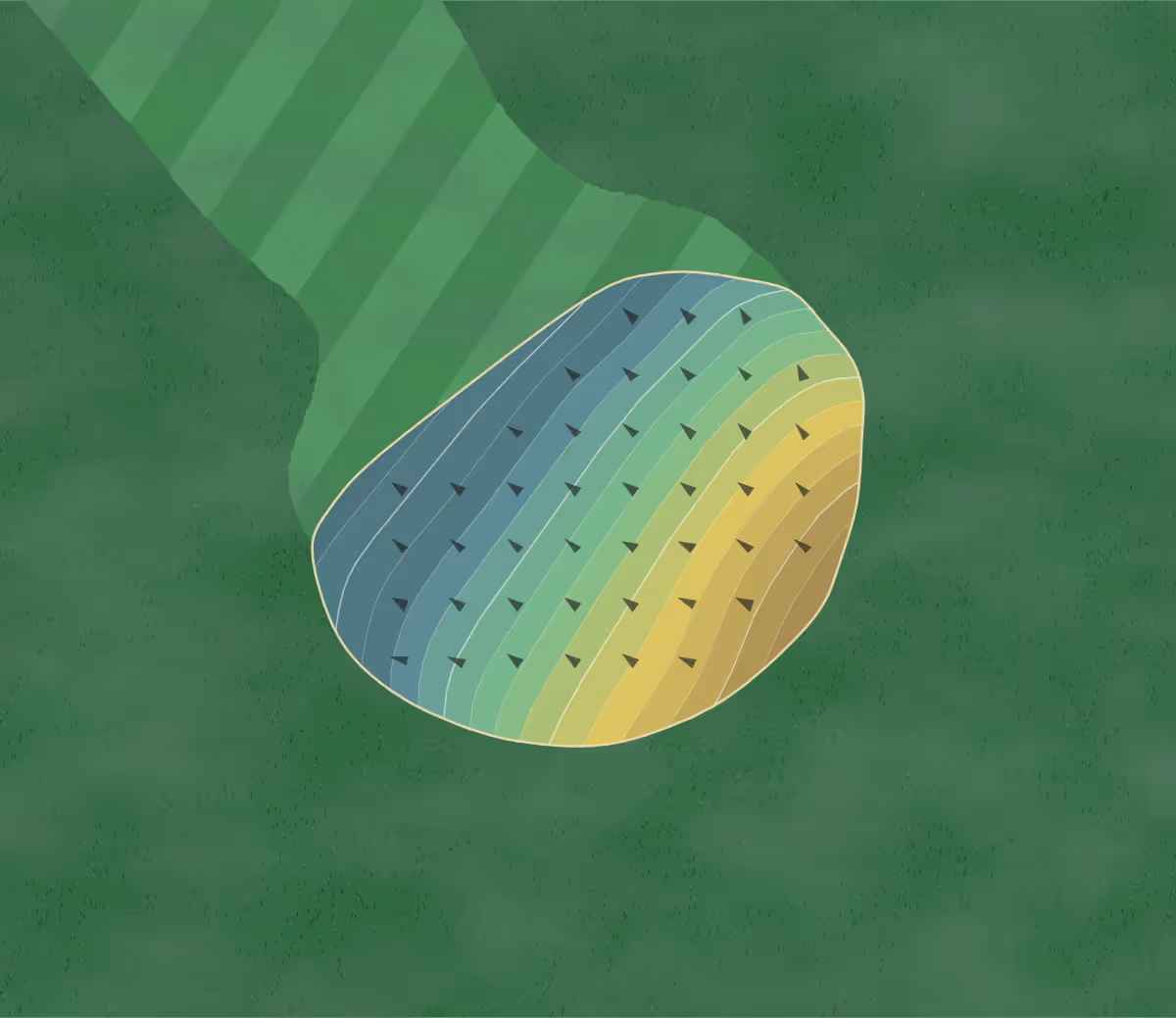 Green contour map of Maine Golf in Freeport, Maine — 99 elevation contours at a 3-inch interval with fall-line arrows, traced from 1-meter lidar