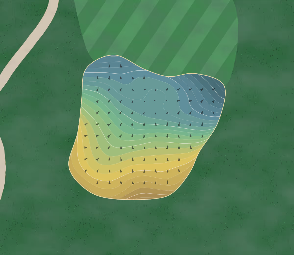 Green contour map of Majestic Hills in Denison, Iowa — 269 elevation contours at a 3-inch interval with fall-line arrows, traced from 1-meter lidar