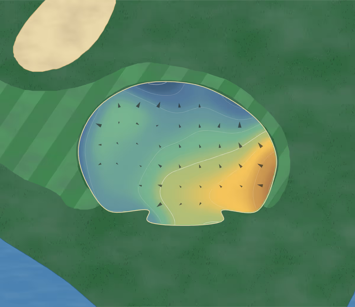 Green contour map of Majestic Oaks in Ham Lake, Minnesota: 64 elevation contours at a 3-inch interval with fall-line arrows, traced from 1-meter lidar