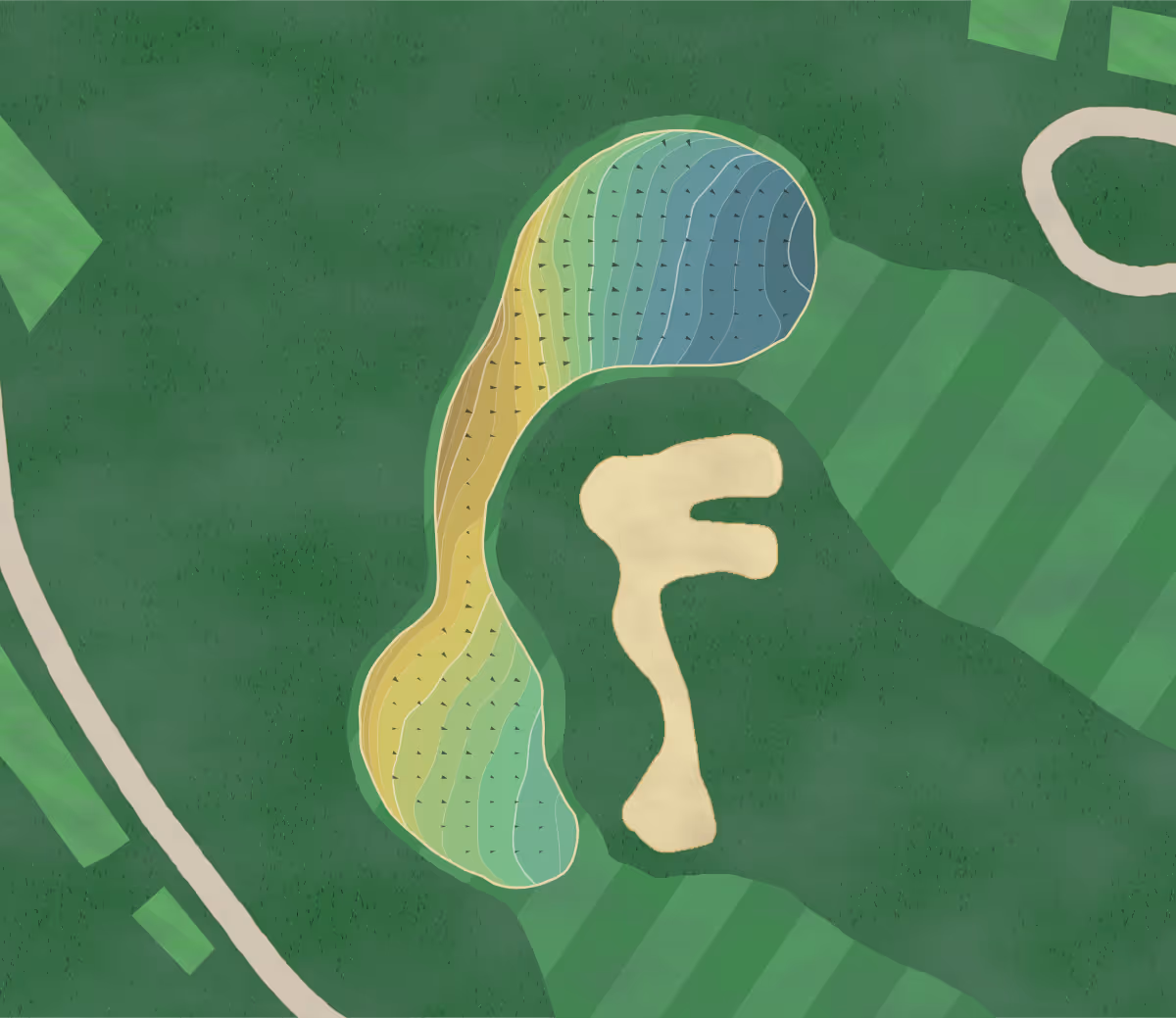 Green contour map of Makray Memorial in Barrington, Illinois — 281 elevation contours at a 3-inch interval with fall-line arrows, traced from 1-meter lidar