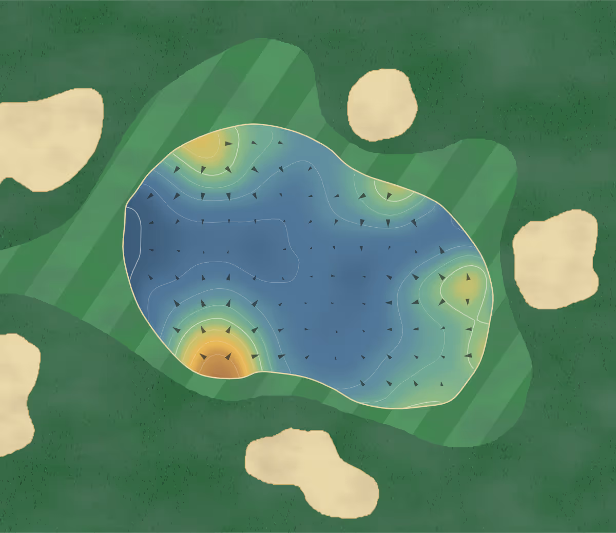 Green contour map of Manawatu in Palmerston North, New Zealand — 168 elevation contours at a 8-centimeter interval with fall-line arrows, traced from 1-meter lidar