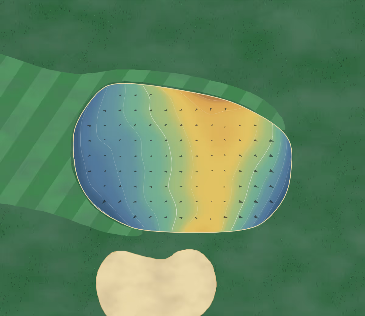 Green contour map of Manchester CC in Manchester, Iowa: 40 elevation contours at a 3-inch interval with fall-line arrows, traced from 1-meter lidar