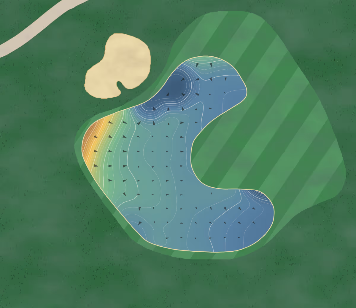 Green contour map of Challenge at Manele in Lanai City, Hawaii — 368 elevation contours at a 3-inch interval with fall-line arrows, traced from 1-meter lidar