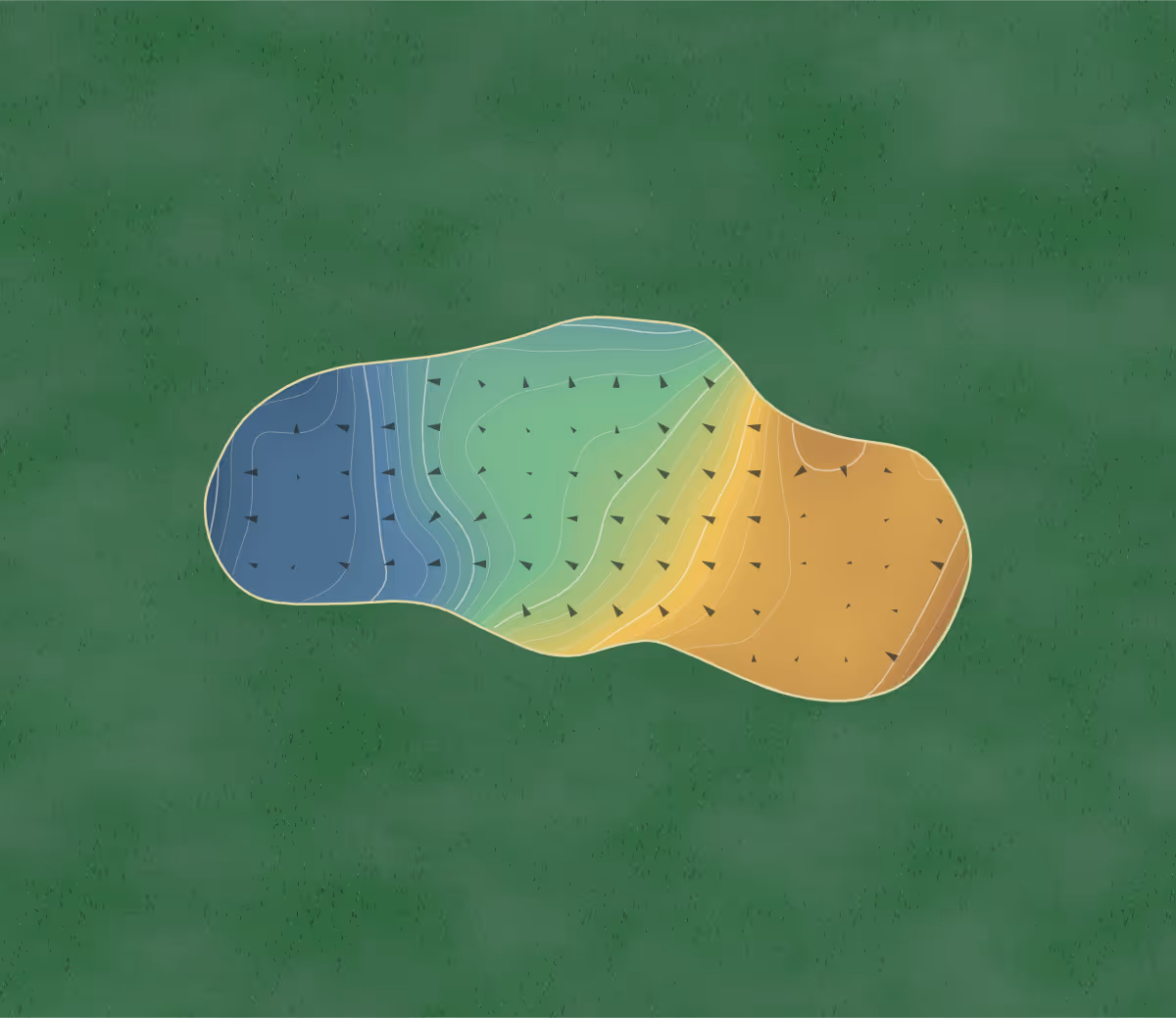 Green contour map of Mangawhai in Mangawhai Heads, New Zealand — 320 elevation contours at a 8-centimeter interval with fall-line arrows, traced from 1-meter lidar