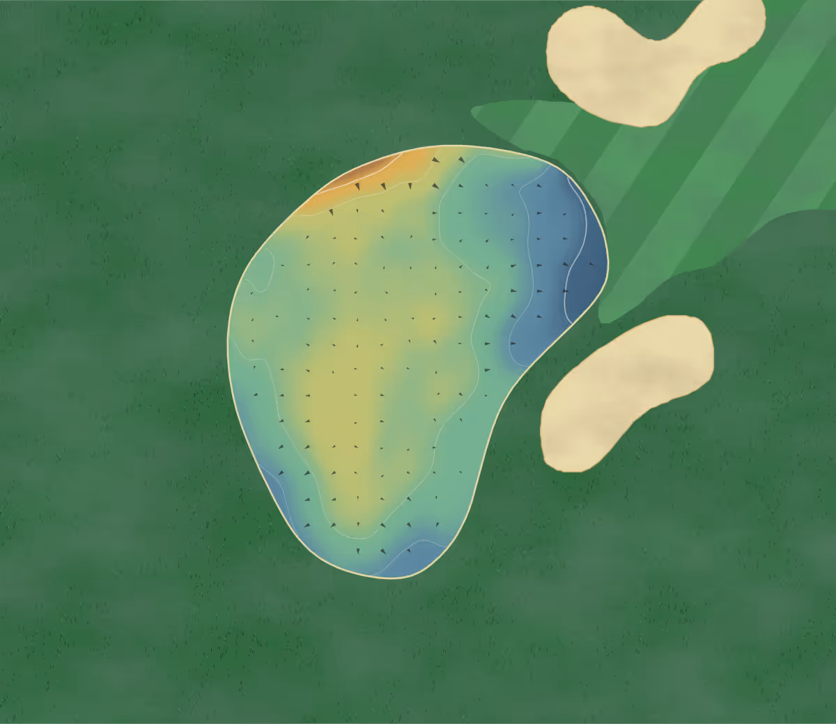 Green contour map of Manipogo in Saint Laurent, Canada: 52 elevation contours at a 8-centimeter interval with fall-line arrows, traced from 1-meter lidar