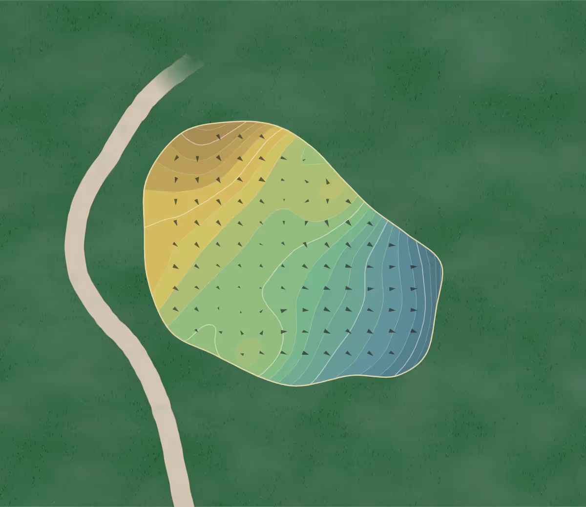 Green contour map of Manor Groves in Sawbridgeworth, England — 170 elevation contours at a 8-centimeter interval with fall-line arrows, traced from 1-meter lidar