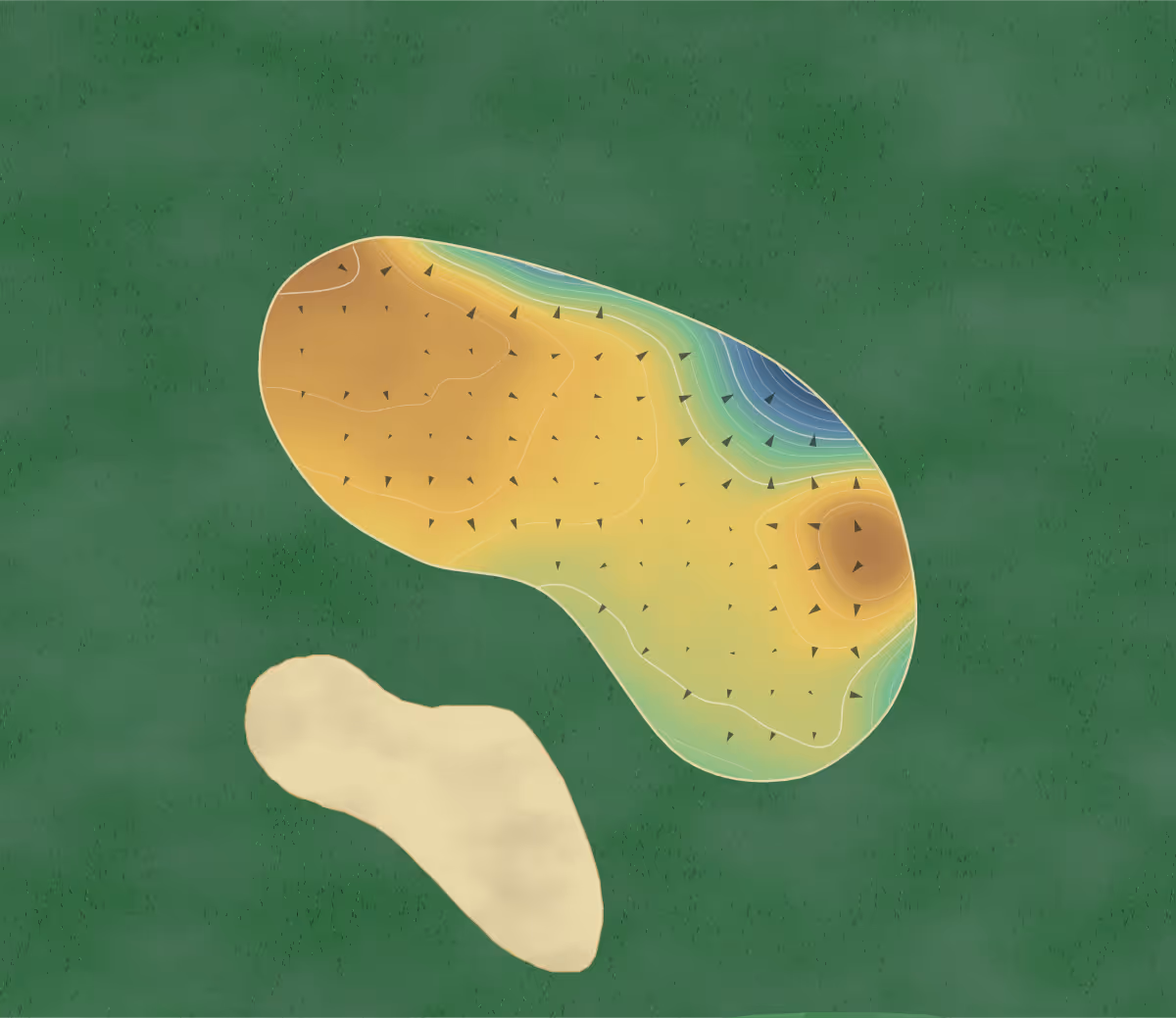 Green contour map of Manston in Manston, England — 48 elevation contours at a 8-centimeter interval with fall-line arrows, traced from 1-meter lidar