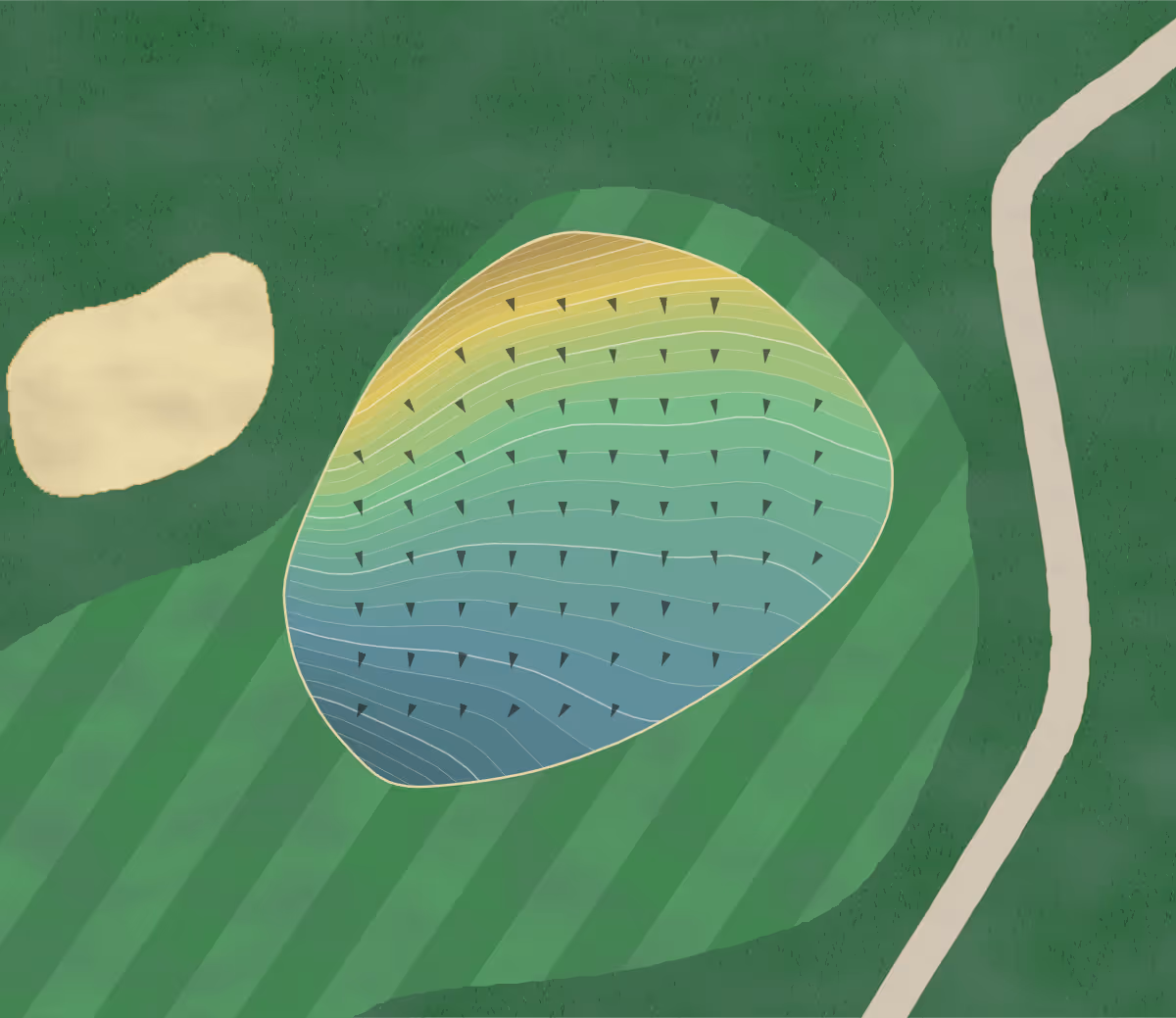 Green contour map of Manufacturers Golf in Ft. Washington, Pennsylvania — 281 elevation contours at a 3-inch interval with fall-line arrows, traced from 1-meter lidar