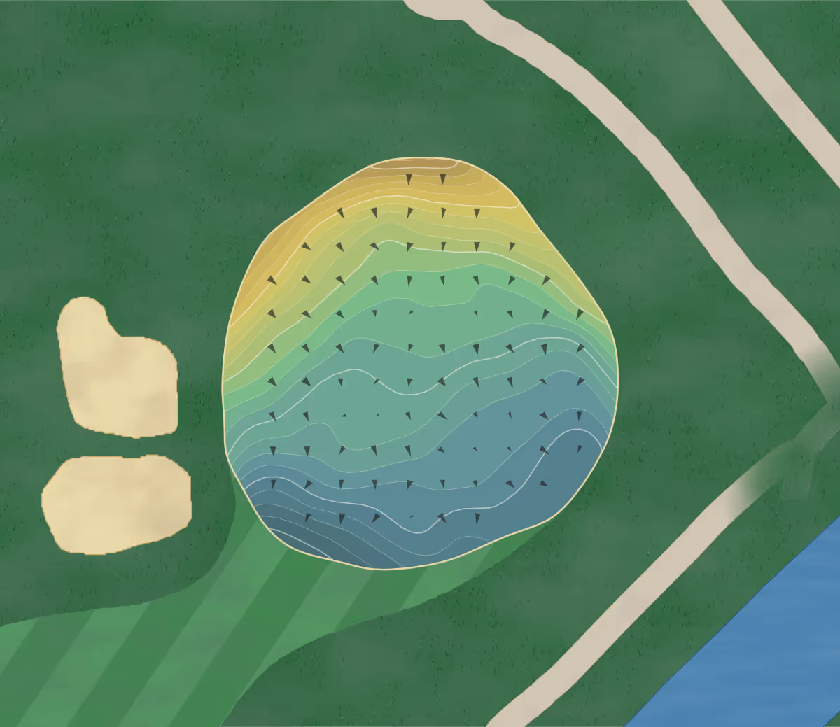Green contour map of Maplewood CC in Maplewood, New Jersey — 223 elevation contours at a 3-inch interval with fall-line arrows, traced from 1-meter lidar
