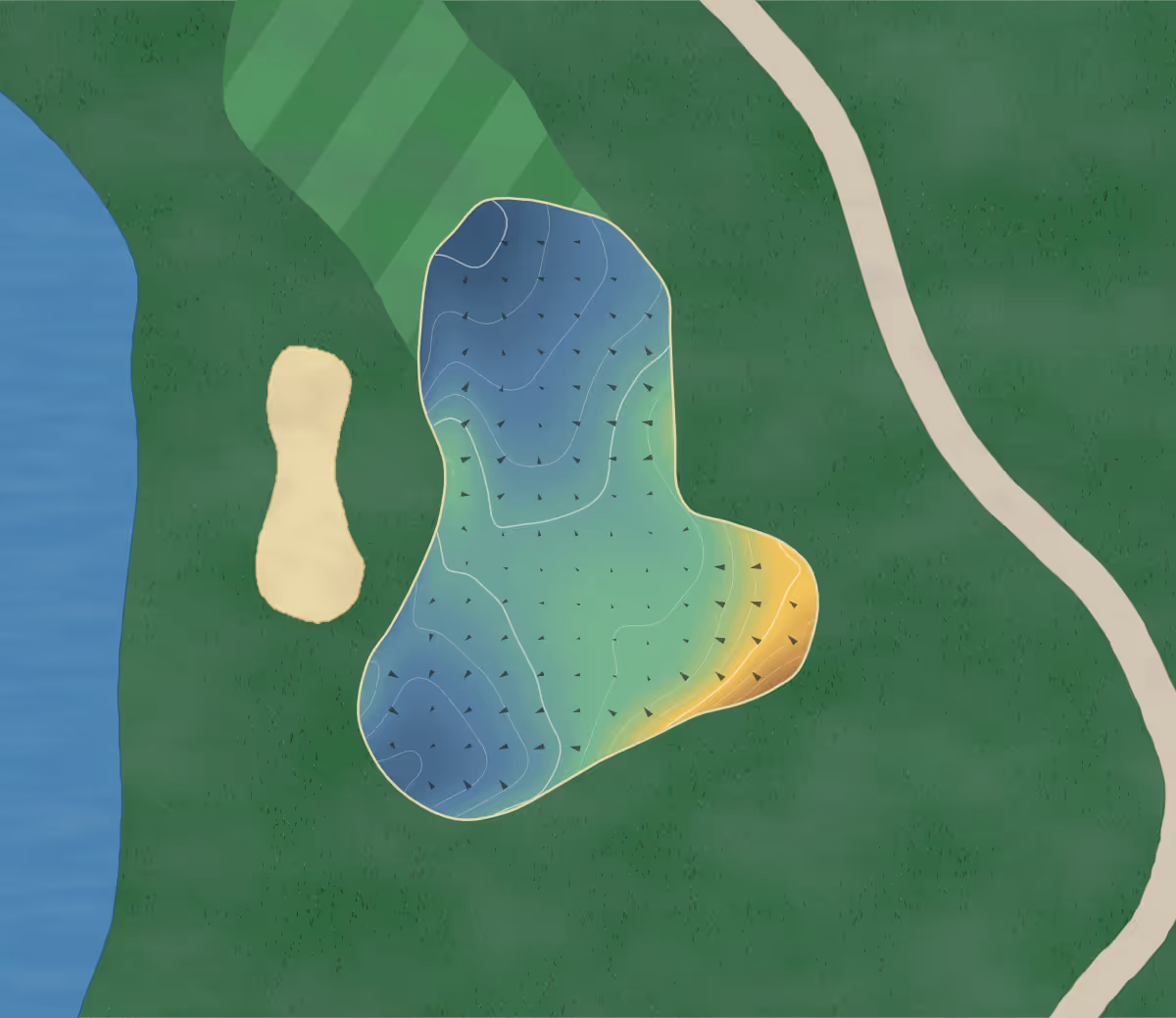 Green contour map of Marine Drive in Vancouver, Canada: 57 elevation contours at a 8-centimeter interval with fall-line arrows, traced from 1-meter lidar