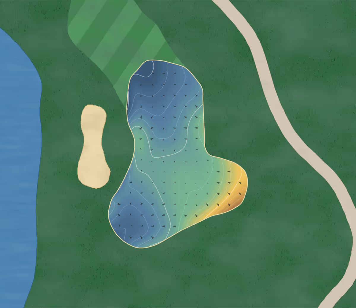 Green contour map of Marine Drive in Vancouver, Canada — 52 elevation contours at a 8-centimeter interval with fall-line arrows, traced from 1-meter lidar
