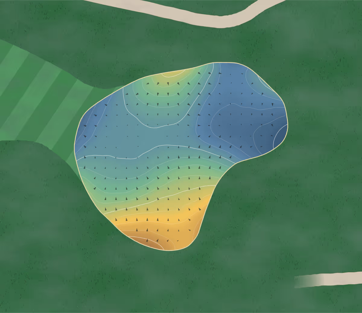 Green contour map of Worsley Park in Manchester, England: 236 elevation contours at a 8-centimeter interval with fall-line arrows, traced from 1-meter lidar