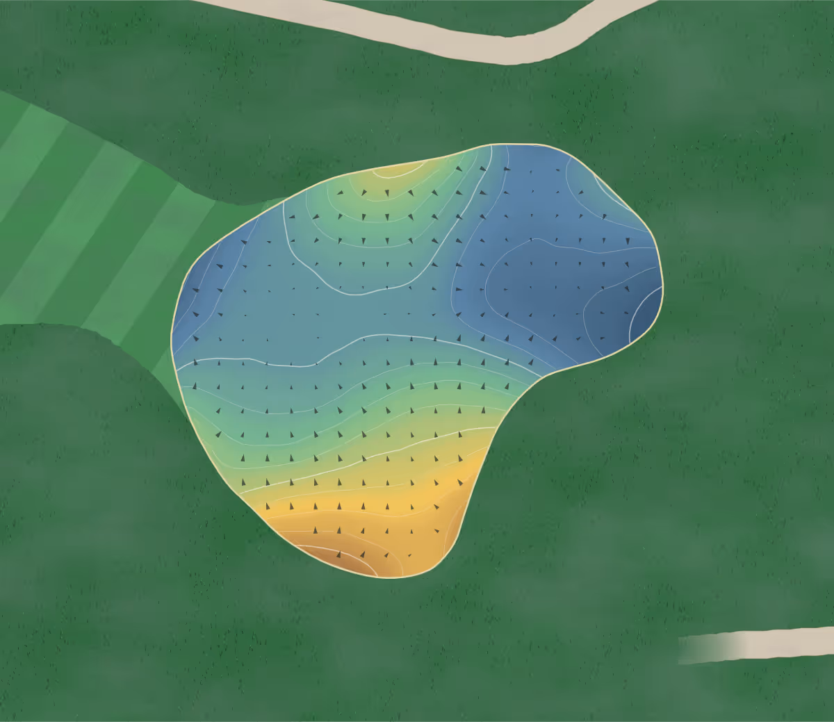 Green contour map of Worsley Park in Manchester, United Kingdom — 236 elevation contours at a 8-centimeter interval with fall-line arrows, traced from 1-meter lidar