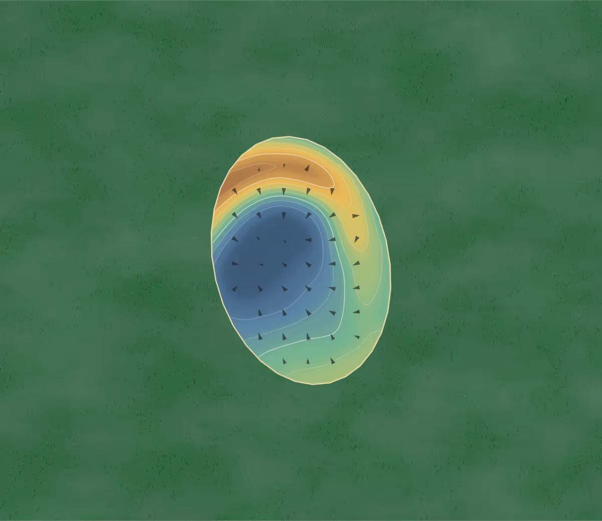 Green contour map of Markeaton Park Golf Course in Markeaton, United Kingdom: 38 elevation contours at a 8-centimeter interval with fall-line arrows, traced from 1-meter lidar