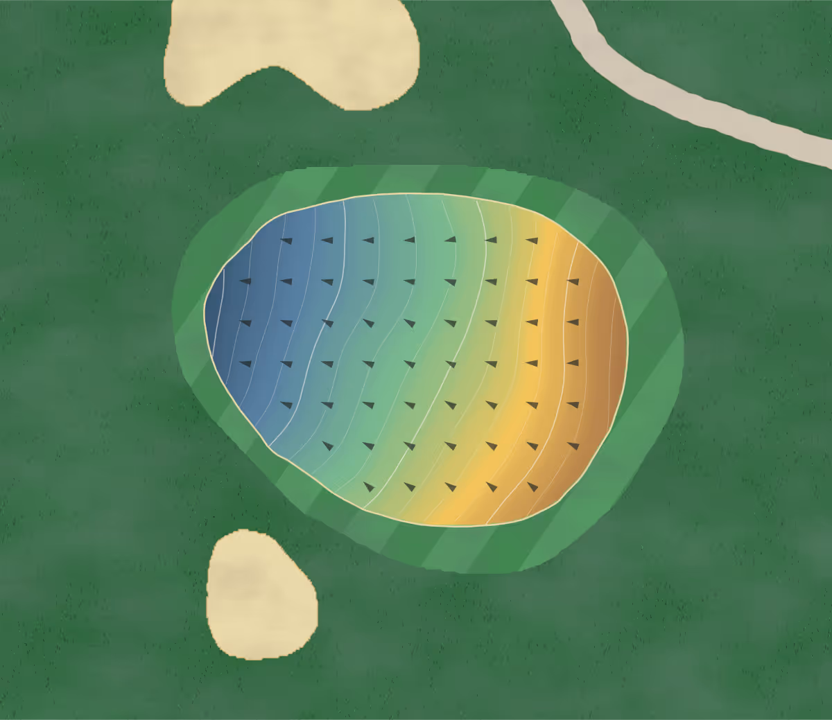 Green contour map of Markham Green in Markham, Canada — 79 elevation contours at a 8-centimeter interval with fall-line arrows, traced from 1-meter lidar