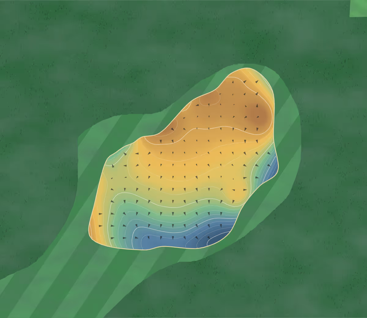 Green contour map of Marlborough GC in Marlborough, England: 216 elevation contours at a 8-centimeter interval with fall-line arrows, traced from 1-meter lidar