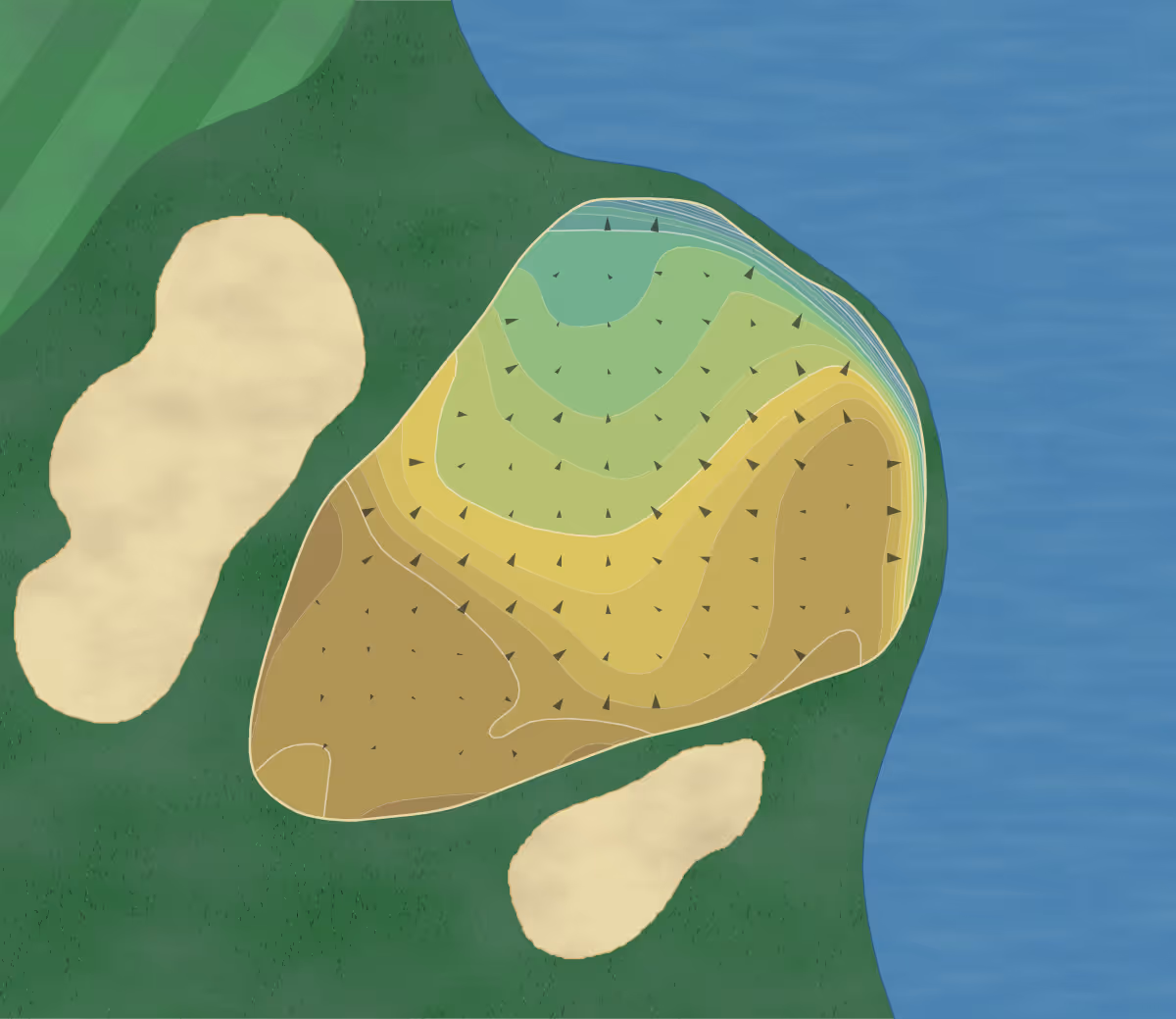 Green contour map of Marsh Valley in Ponte Vedra Beach, Florida — 210 elevation contours at a 3-inch interval with fall-line arrows, traced from 1-meter lidar