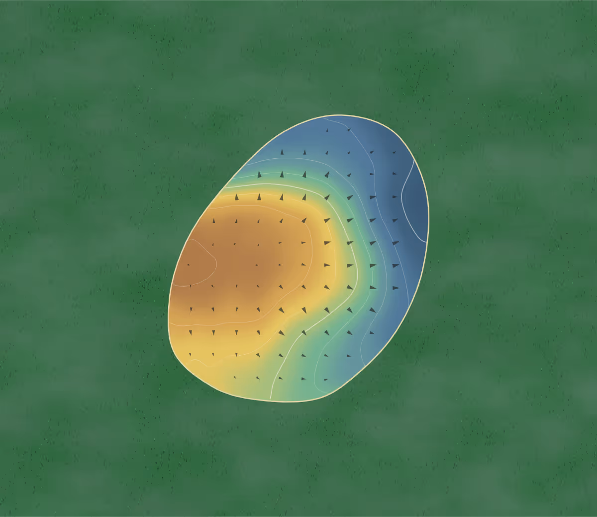 Green contour map of Mataura in Mataura, New Zealand — 41 elevation contours at a 8-centimeter interval with fall-line arrows, traced from 1-meter lidar