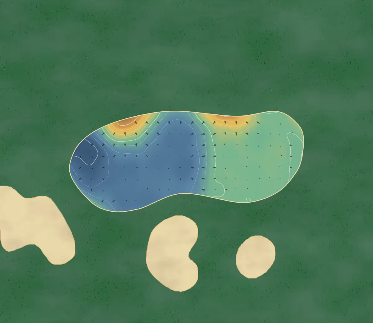 Green contour map of Matfen Hall in Newcastle Upon Tyne, England: 171 elevation contours at a 8-centimeter interval with fall-line arrows, traced from 1-meter lidar