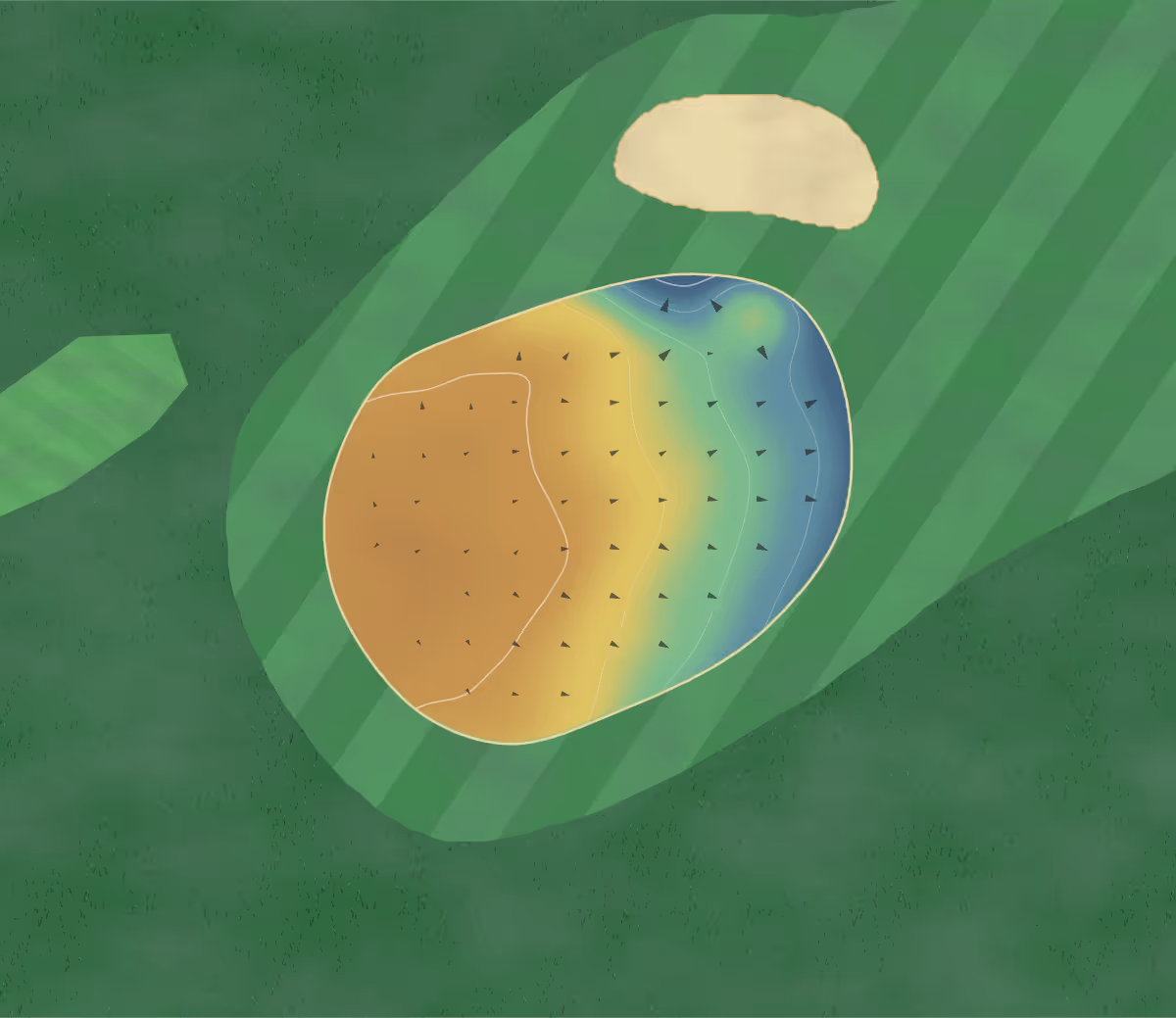 Green contour map of Mattishall in Dereham, England: 58 elevation contours at a 8-centimeter interval with fall-line arrows, traced from 1-meter lidar