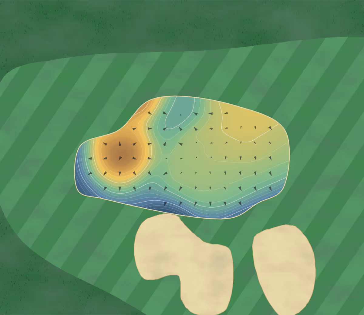 Green contour map of Max' in France — 154 elevation contours at a 8-centimeter interval with fall-line arrows, traced from 1-meter lidar