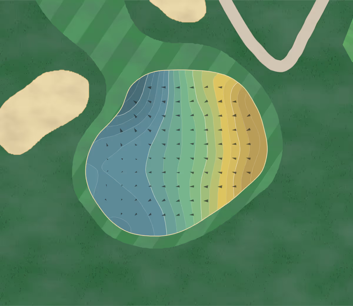 Green contour map of Maxwelton Braes in Baileys Harbor, Wisconsin — 186 elevation contours at a 3-inch interval with fall-line arrows, traced from 1-meter lidar