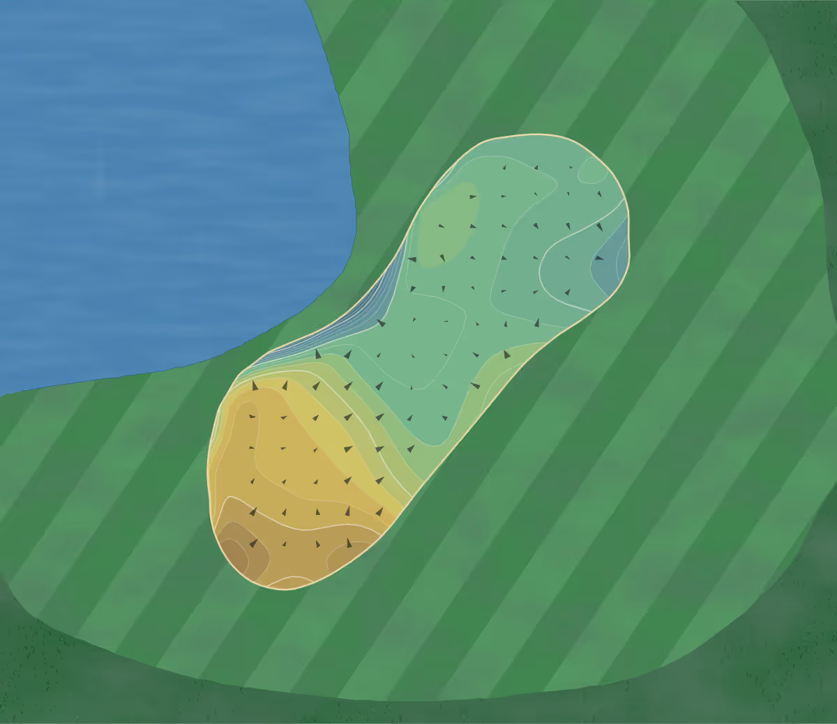 Green contour map of May River in Bluffton, South Carolina — 234 elevation contours at a 3-inch interval with fall-line arrows, traced from 1-meter lidar