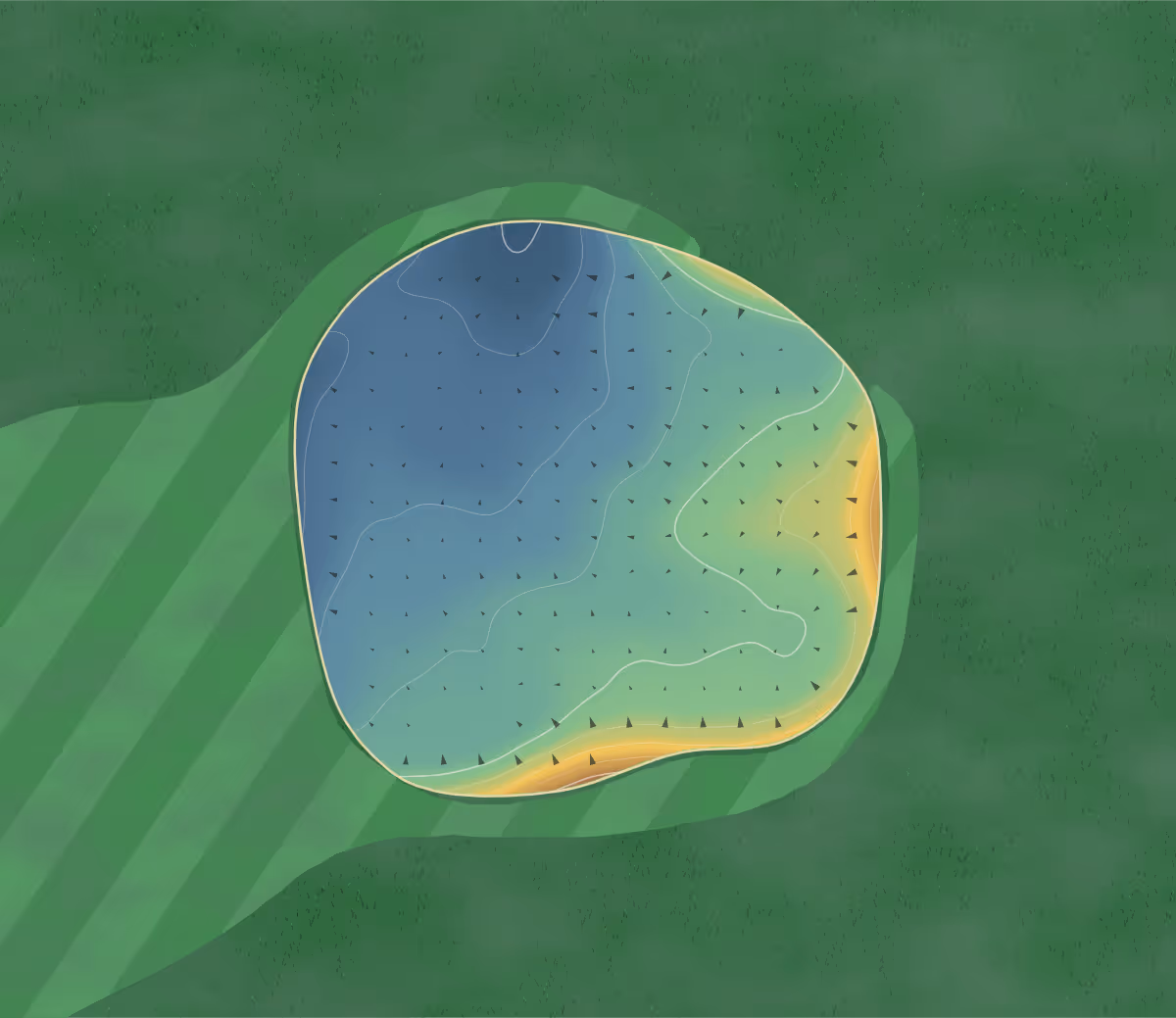 Green contour map of Mayerthorpe in Mayerthorpe, Canada: 52 elevation contours at a 8-centimeter interval with fall-line arrows, traced from 1-meter lidar