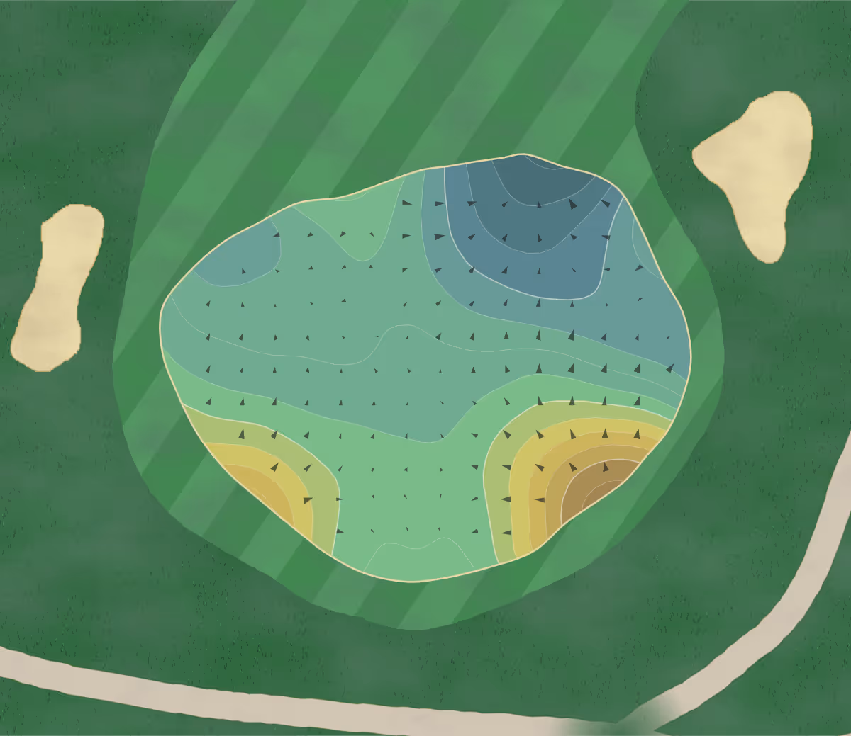 Green contour map of Mayfair CC in Uniontown, Ohio — 187 elevation contours at a 3-inch interval with fall-line arrows, traced from 1-meter lidar