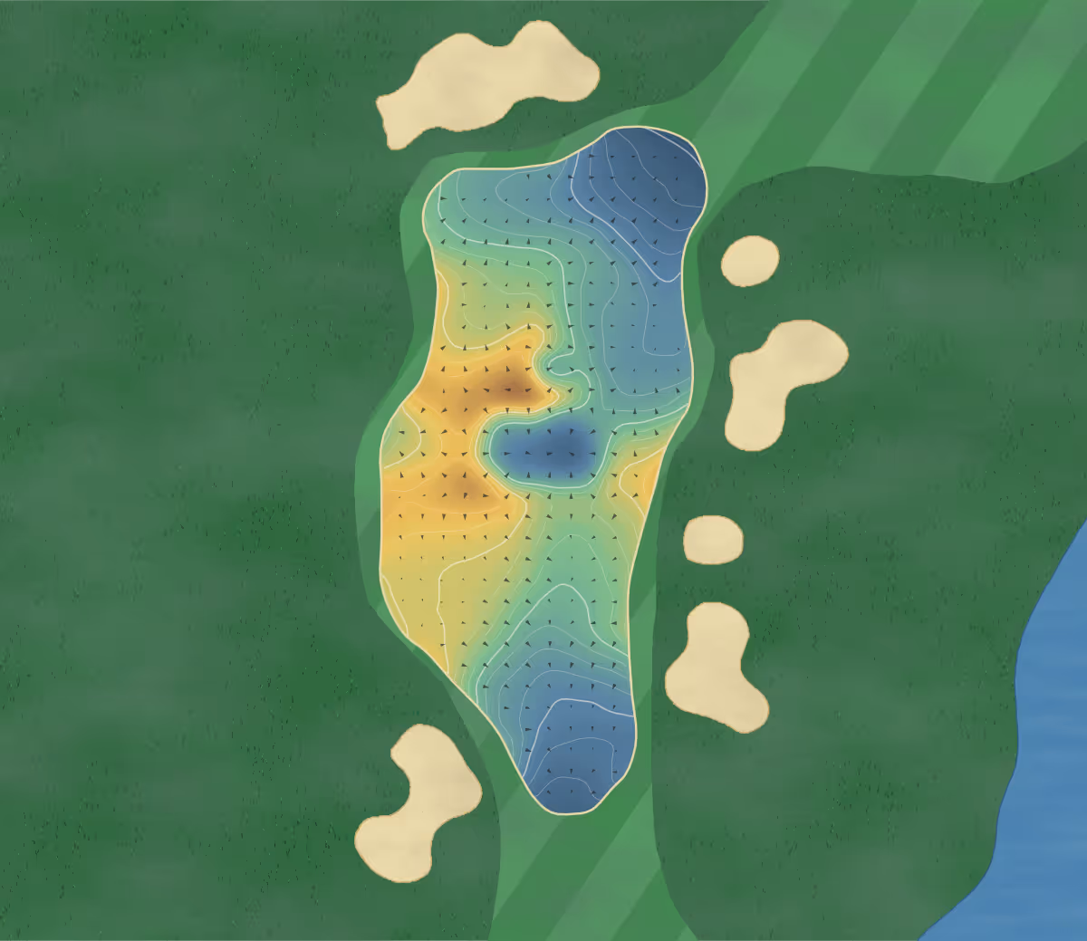 Green contour map of Mayfair Lakes in Richmond, Canada: 170 elevation contours at a 8-centimeter interval with fall-line arrows, traced from 1-meter lidar