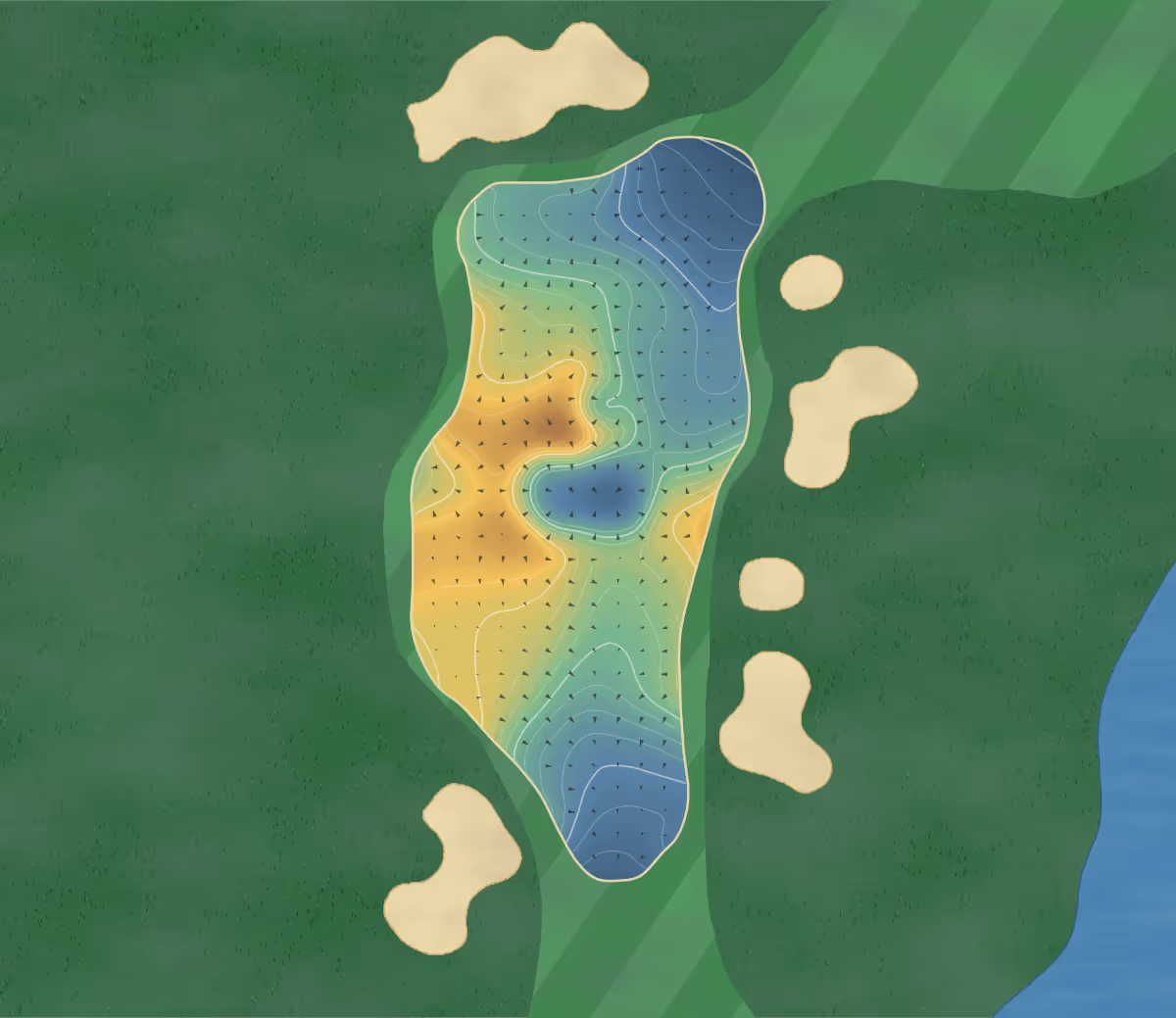 Green contour map of Mayfair Lakes in Richmond, Canada — 166 elevation contours at a 8-centimeter interval with fall-line arrows, traced from 1-meter lidar