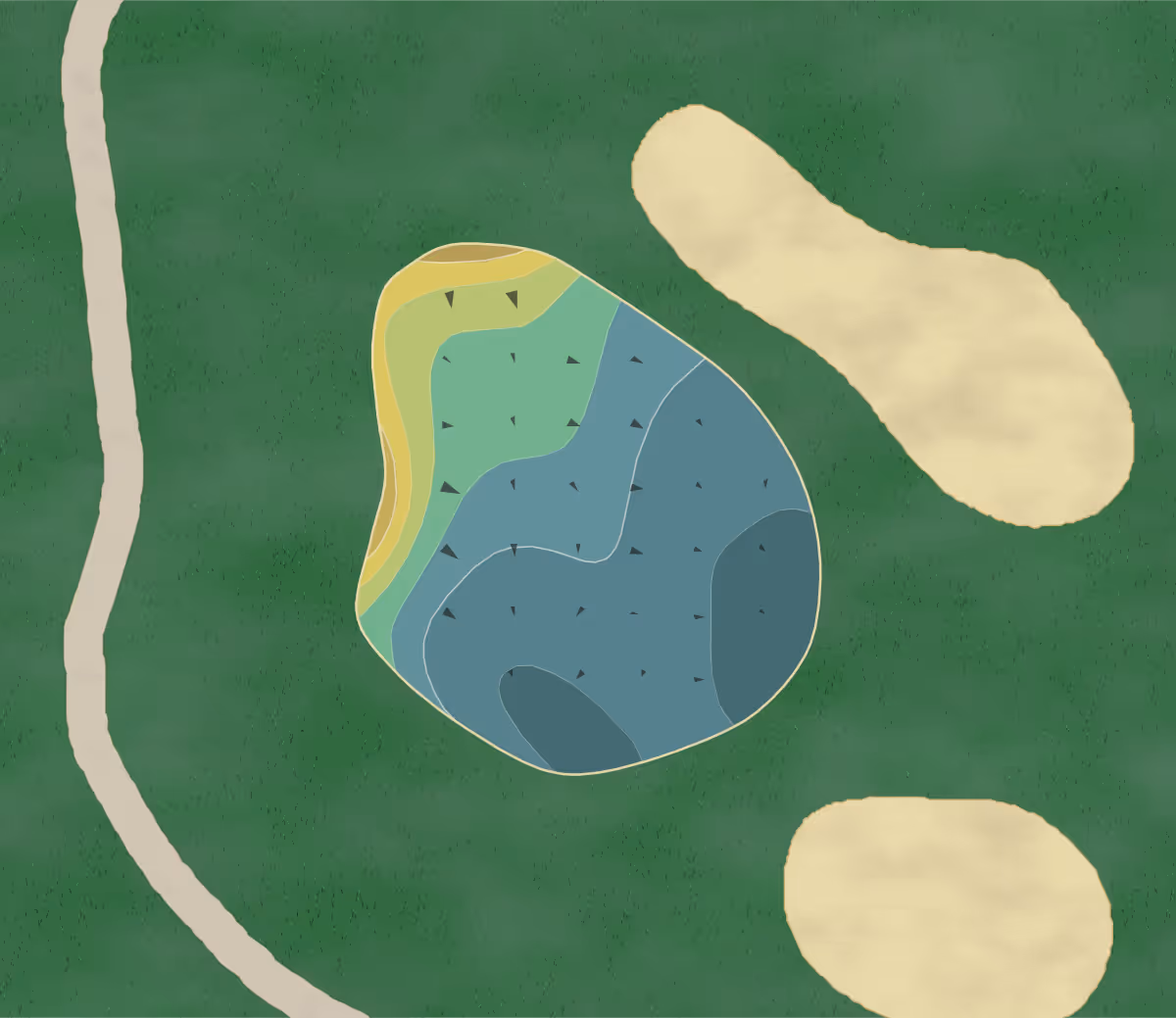 Green contour map of McAllen CC in McAllen, Texas — 13 elevation contours at a 3-inch interval with fall-line arrows, traced from 1-meter lidar