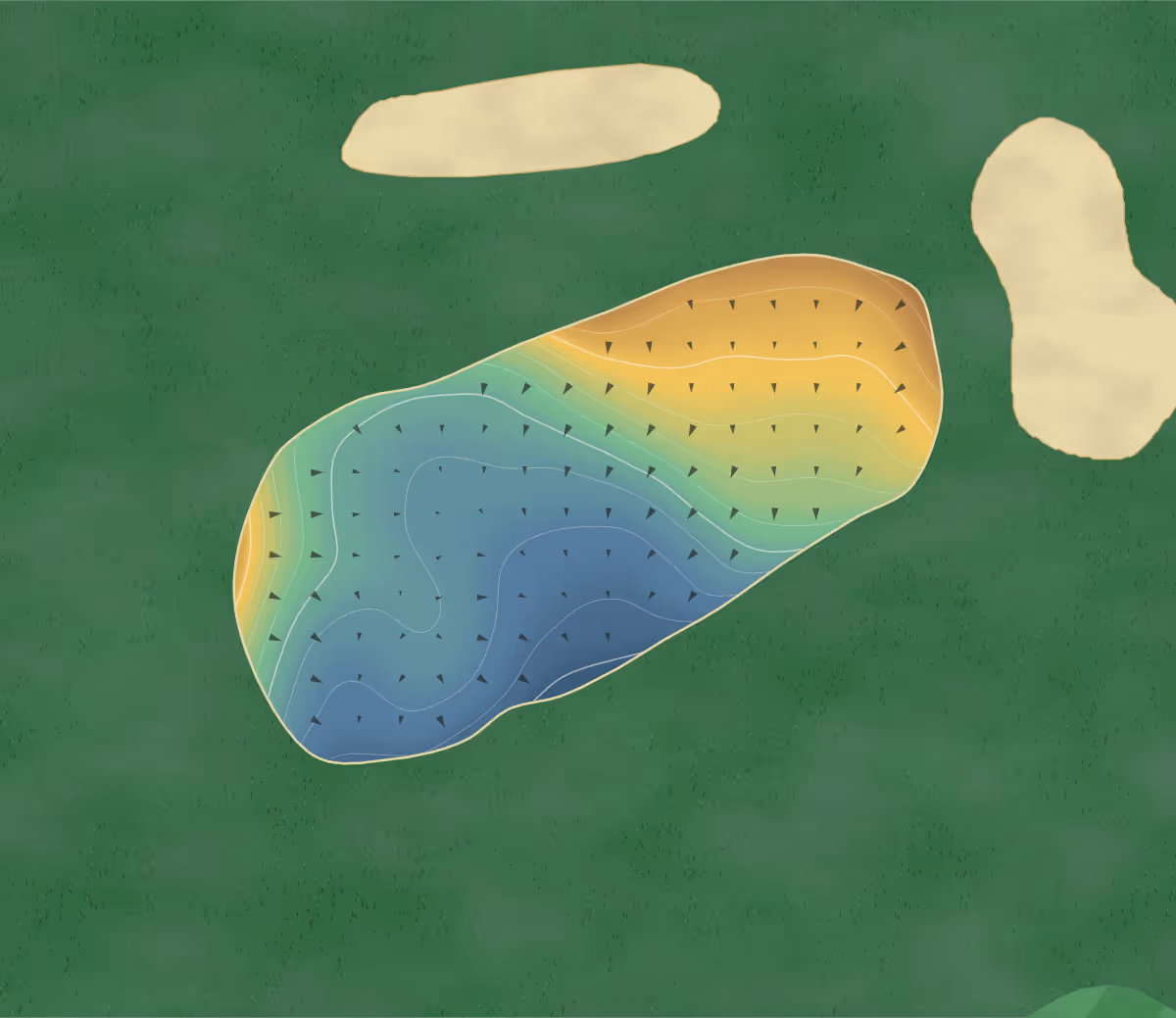 Green contour map of McCall Lake in Calgary, Canada: 164 elevation contours at a 8-centimeter interval with fall-line arrows, traced from 1-meter lidar