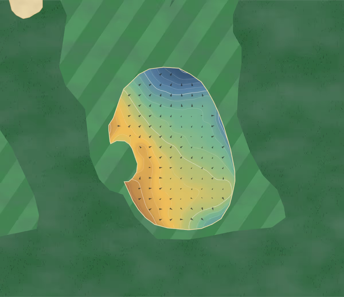 Green contour map of McDonald in Ellon, Scotland: 120 elevation contours at a 8-centimeter interval with fall-line arrows, traced from 1-meter lidar
