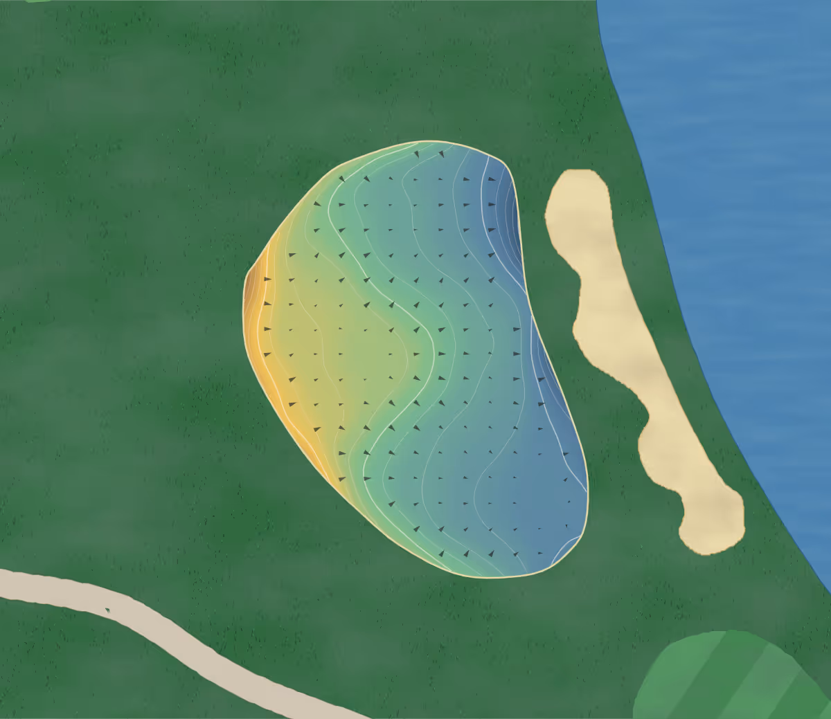 Green contour map of McKenzie Meadows in Calgary, Canada — 195 elevation contours at a 8-centimeter interval with fall-line arrows, traced from 1-meter lidar