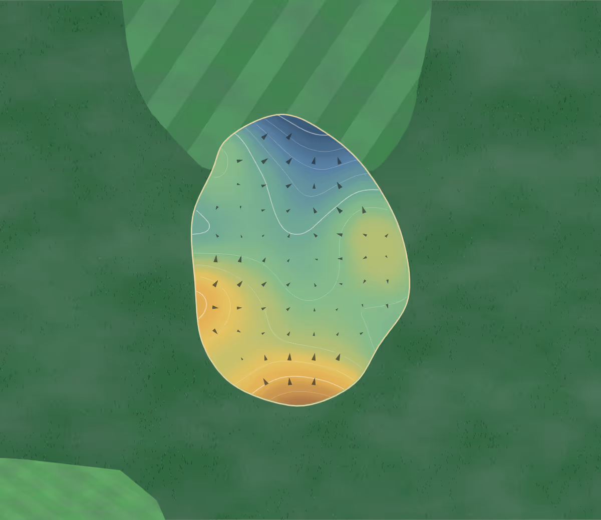 Green contour map of McMillen Park in Fort Wayne, Indiana — 104 elevation contours at a 3-inch interval with fall-line arrows, traced from 1-meter lidar