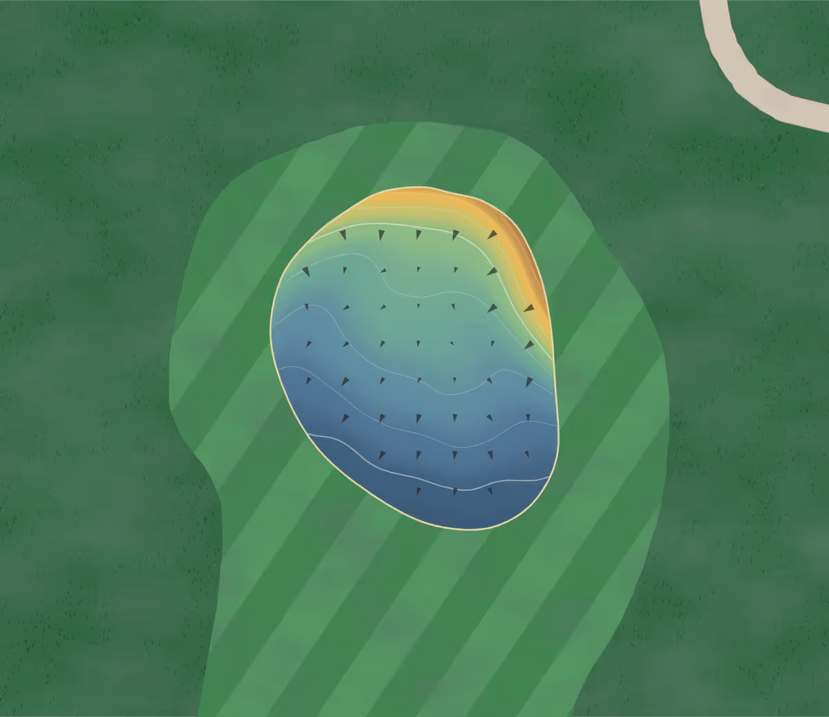 Green contour map of McVille in McVille, North Dakota: 48 elevation contours at a 3-inch interval with fall-line arrows, traced from 1-meter lidar