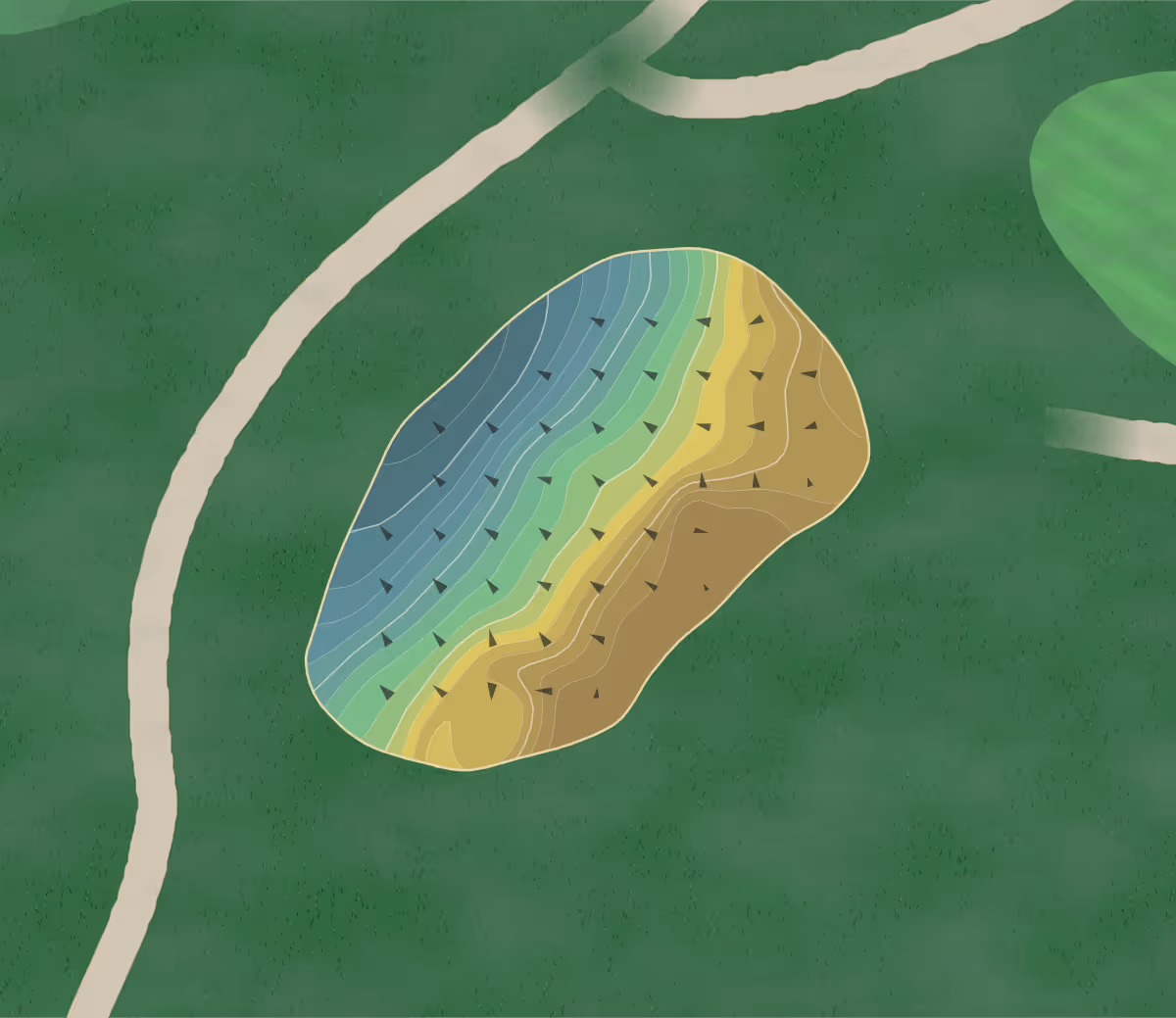 Green contour map of Meadow Brook in Reading, Massachusetts — 129 elevation contours at a 3-inch interval with fall-line arrows, traced from 1-meter lidar