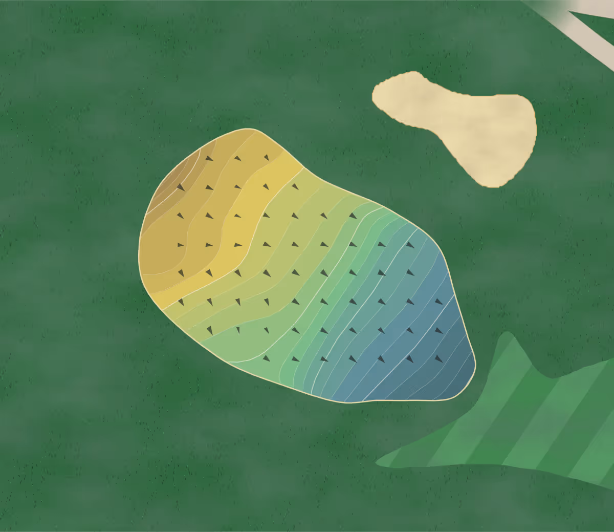 Green contour map of Meadow Brook in Gettysburg, Pennsylvania — 205 elevation contours at a 3-inch interval with fall-line arrows, traced from 1-meter lidar