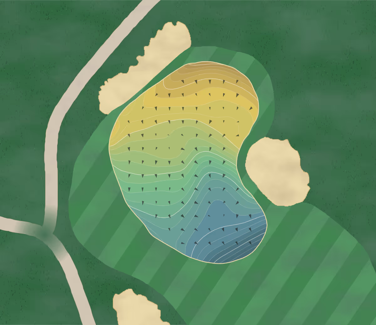 Green contour map of Meadow Club in Fairfax, California — 240 elevation contours at a 3-inch interval with fall-line arrows, traced from 1-meter lidar