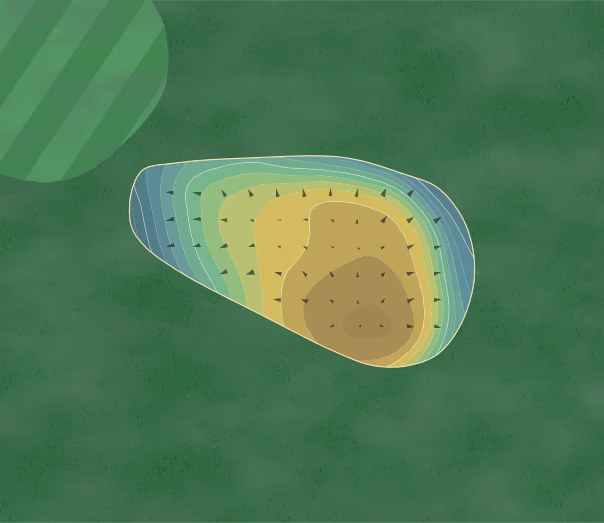 Green contour map of Meadow Greens in Austin, Minnesota — 179 elevation contours at a 3-inch interval with fall-line arrows, traced from 1-meter lidar