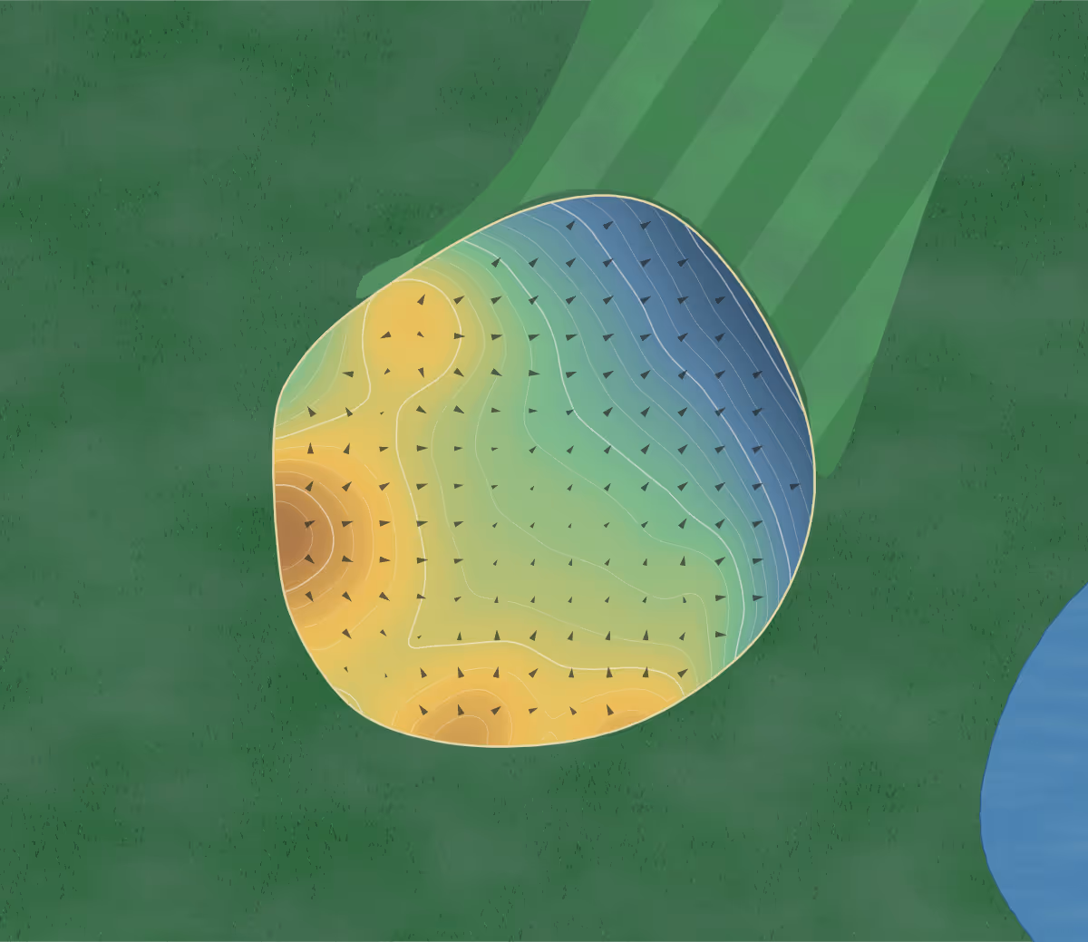 Green contour map of Meadow Lark in Great Falls, Montana: 277 elevation contours at a 3-inch interval with fall-line arrows, traced from 1-meter lidar