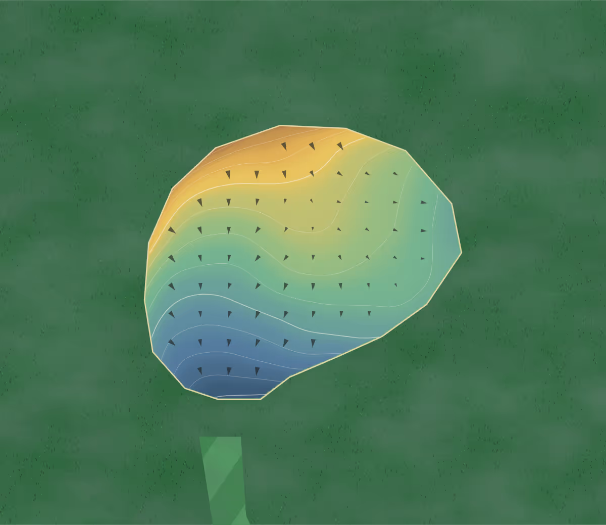 Green contour map of Meadow Links in Cincinnati, Ohio: 24 elevation contours at a 3-inch interval with fall-line arrows, traced from 1-meter lidar