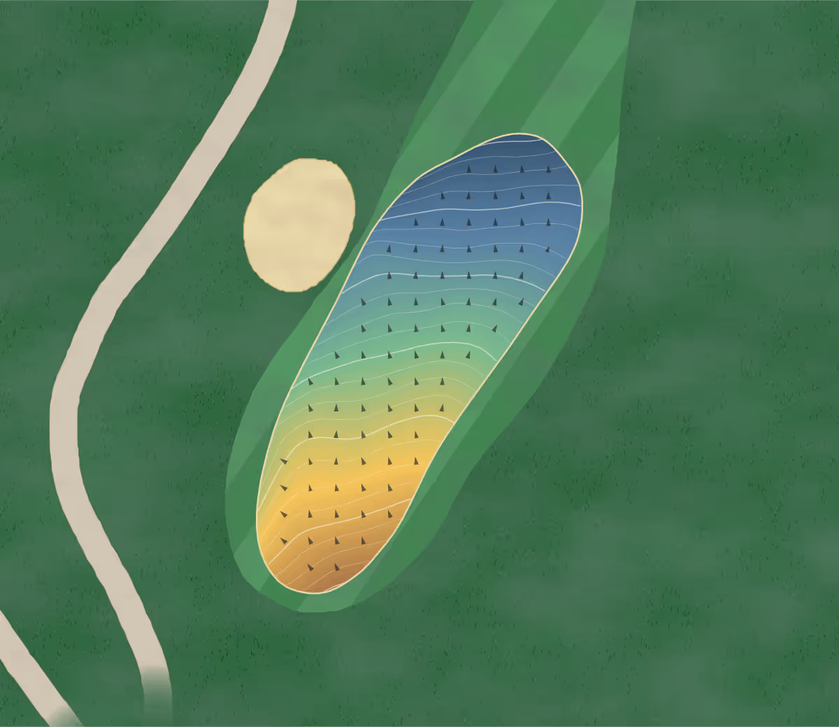 Green contour map of Meadowbrook Gc in Rapid City, South Dakota — 148 elevation contours at a 3-inch interval with fall-line arrows, traced from 1-meter lidar