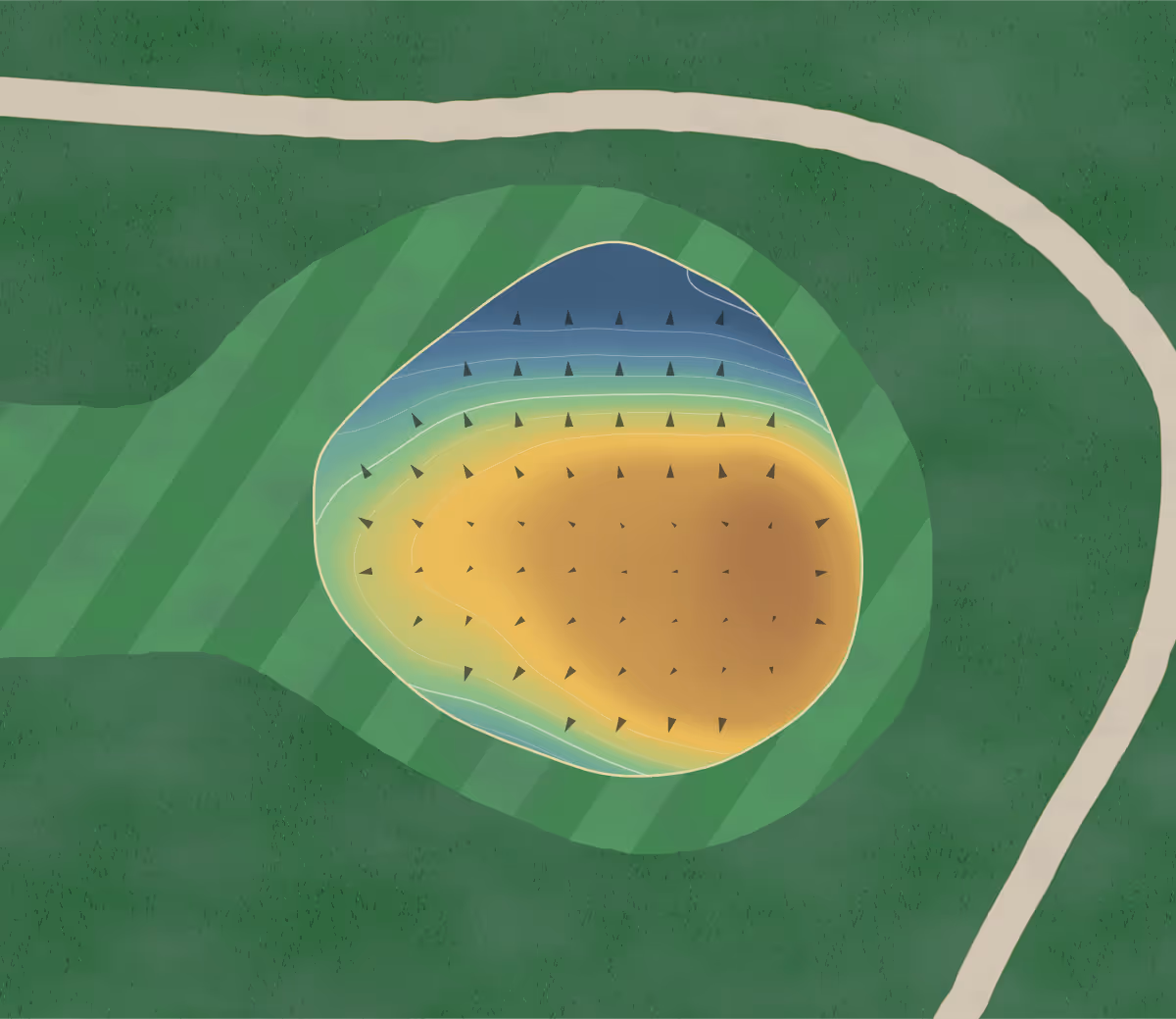 Green contour map of Meadowbrook in Iowa, United States — 96 elevation contours at a 3-inch interval with fall-line arrows, traced from 1-meter lidar