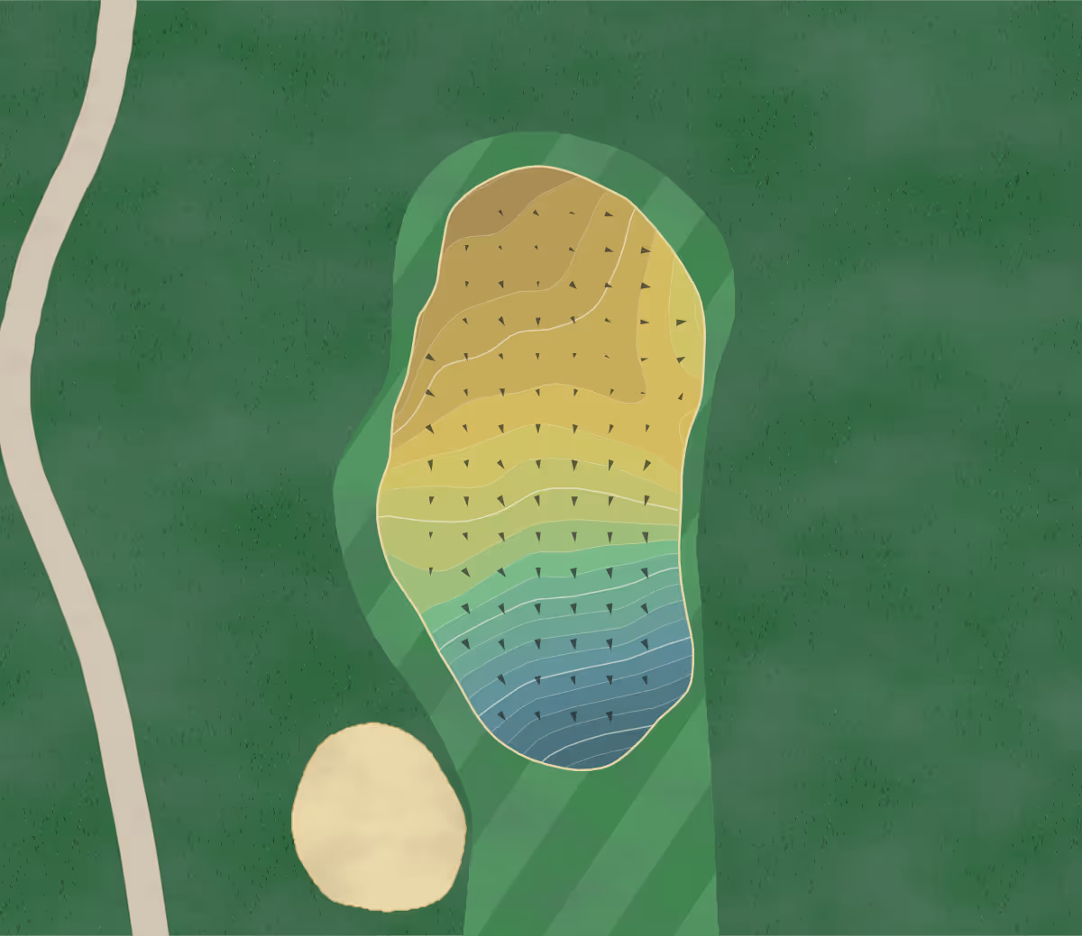 Green contour map of Meadowcreek GC in Charlottesville, Virginia — 226 elevation contours at a 3-inch interval with fall-line arrows, traced from 1-meter lidar