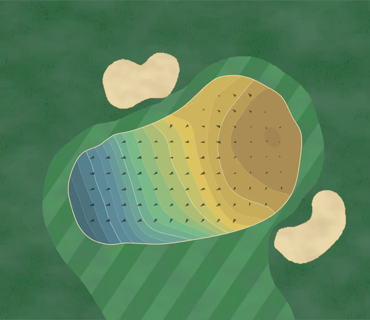 Green contour map of Meadowlands Golf Club in Calabash, North Carolina — 189 elevation contours at a 3-inch interval with fall-line arrows, traced from 1-meter lidar