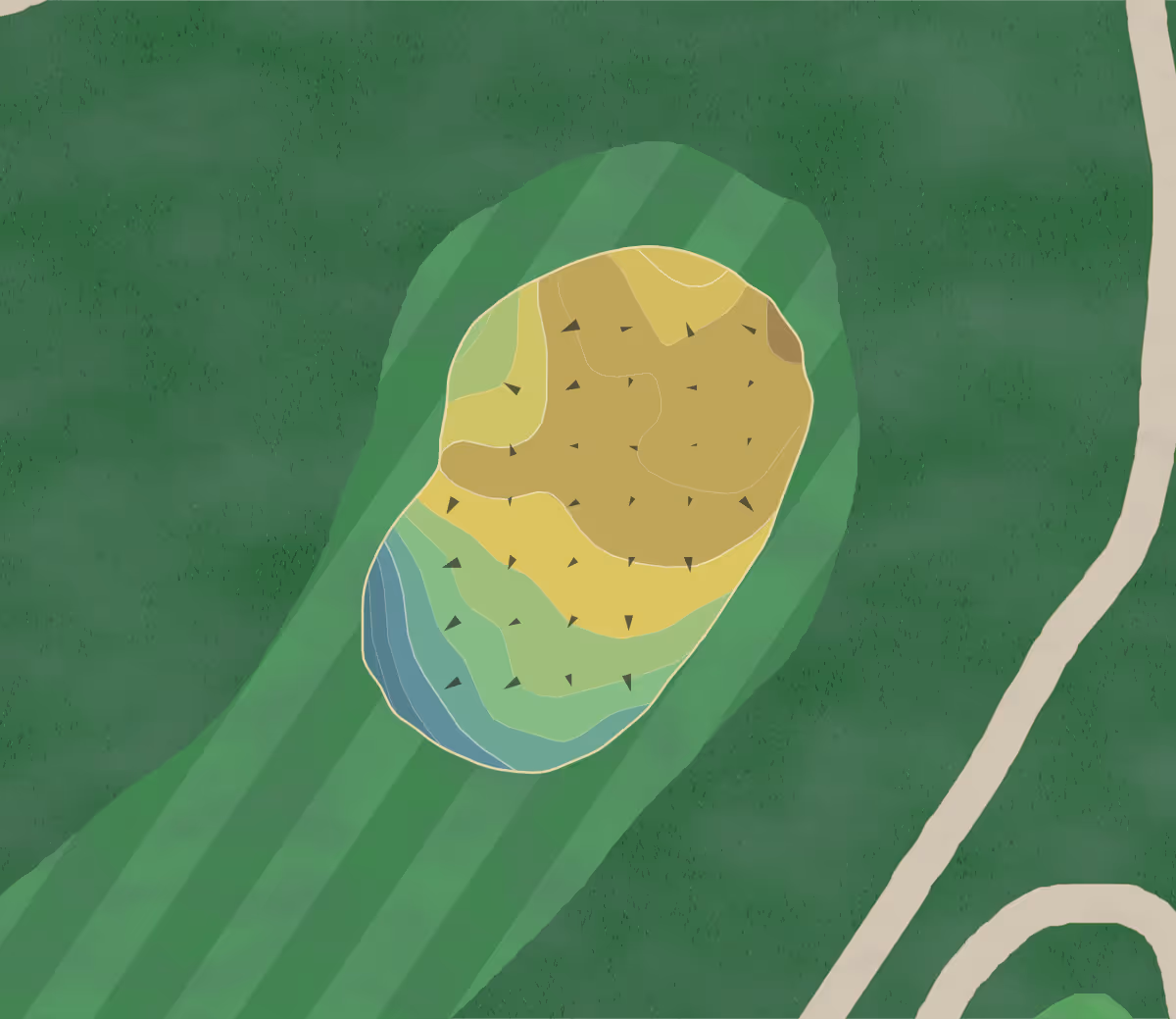 Green contour map of Meadowlark in Huntington Beach, California — 177 elevation contours at a 3-inch interval with fall-line arrows, traced from 1-meter lidar