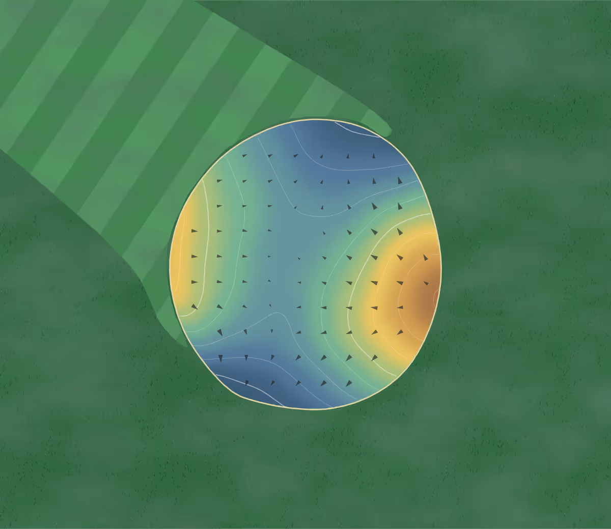 Green contour map of Meadowlark in Hinsdale, Illinois: 100 elevation contours at a 3-inch interval with fall-line arrows, traced from 1-meter lidar